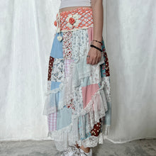 Load image into Gallery viewer, Pastel Coral Orange White Crochet Band Lace Asymmetrical Patchwork Maxi Skirt
