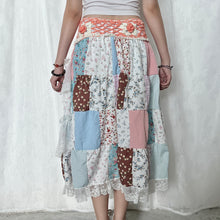 Load image into Gallery viewer, Pastel Coral Orange White Crochet Band Lace Asymmetrical Patchwork Maxi Skirt
