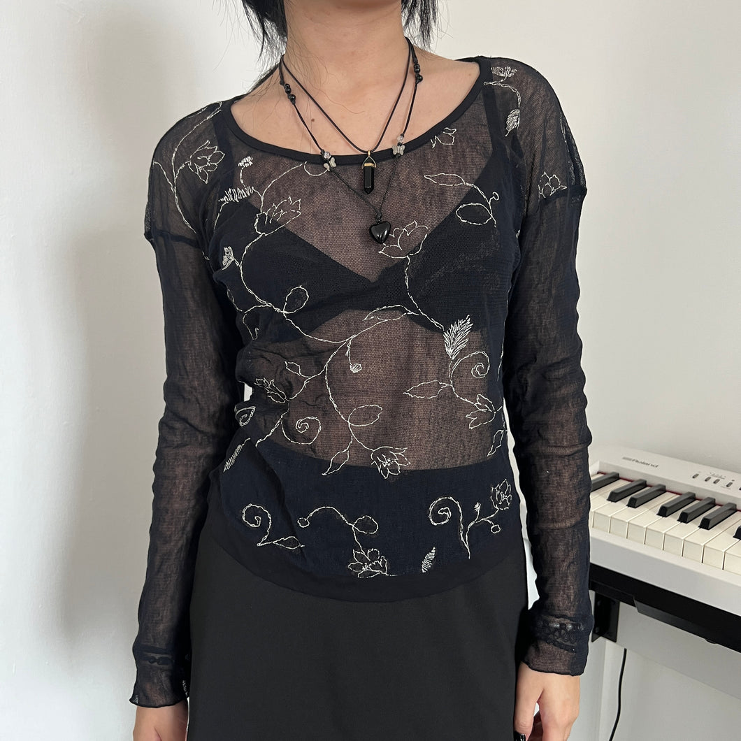 Black Mesh Silver Embroidered Mesh Long Sleeves Top