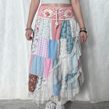 Load image into Gallery viewer, Pastel Pink White Crochet Band Lace Asymmetrical Patchwork Maxi Skirt
