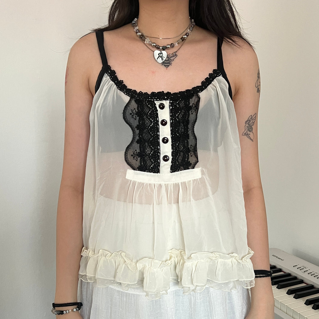 Cream Coquette Black Lace Mesh Camisole Top