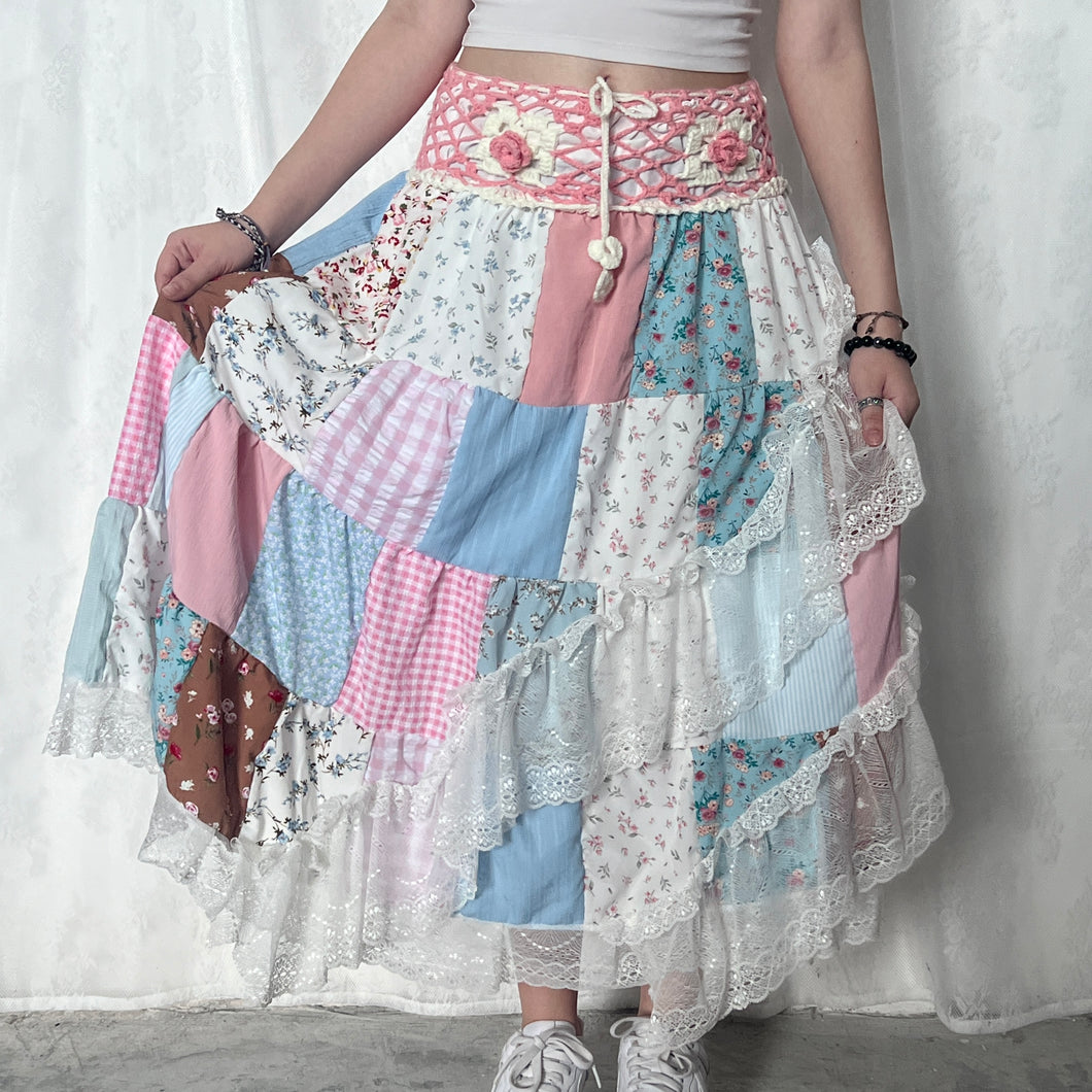 Pastel Pink White Crochet Band Lace Asymmetrical Patchwork Maxi Skirt