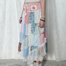 Load image into Gallery viewer, Pastel Pink White Crochet Band Lace Asymmetrical Patchwork Maxi Skirt
