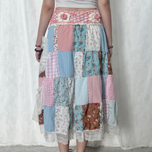 Load image into Gallery viewer, Pastel Pink White Crochet Band Lace Asymmetrical Patchwork Maxi Skirt
