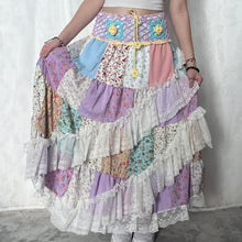 Load image into Gallery viewer, Pastel Purple Blue Crochet Band Lace Asymmetrical Patchwork Maxi Skirt
