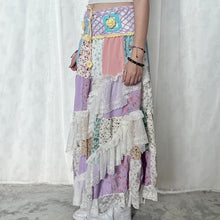 Load image into Gallery viewer, Pastel Purple Blue Crochet Band Lace Asymmetrical Patchwork Maxi Skirt
