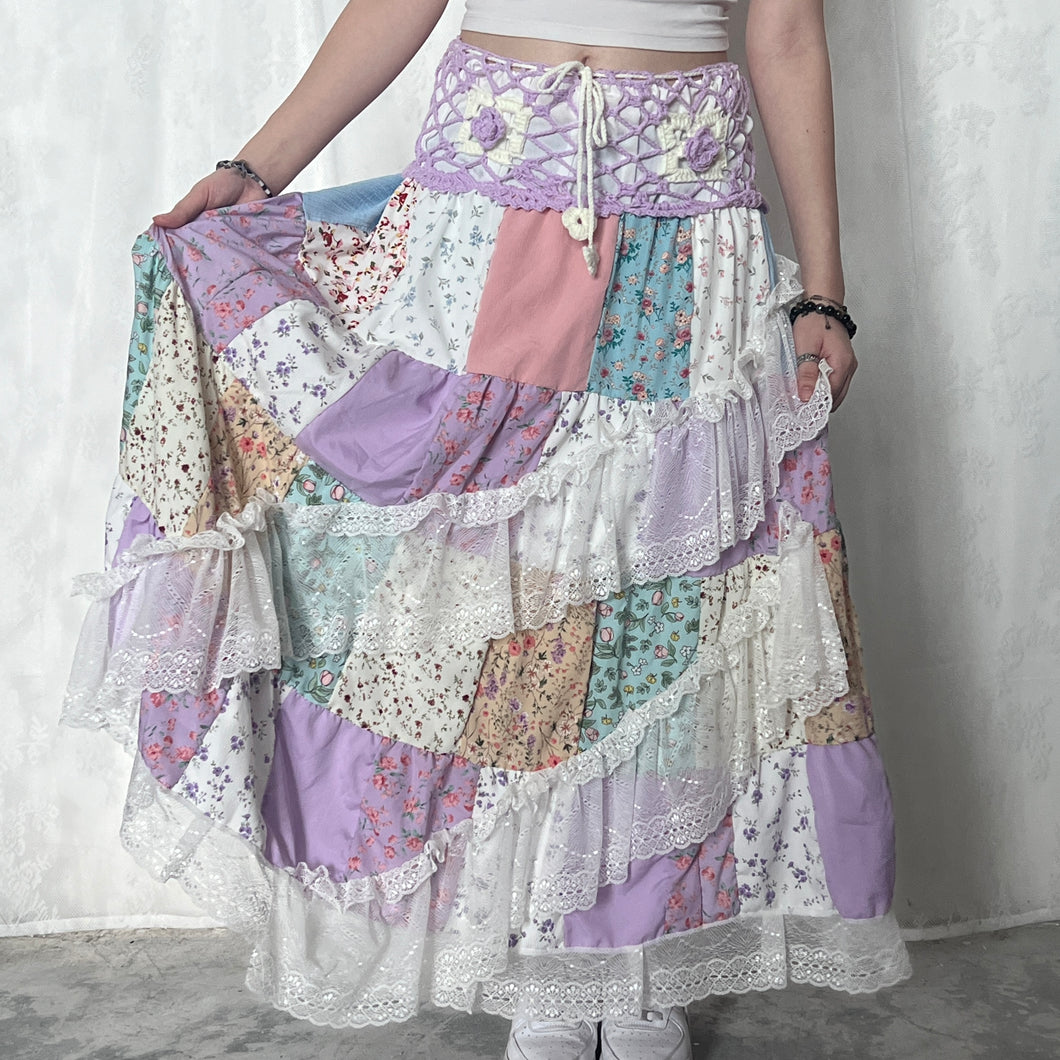 Pastel Purple White Crochet Band Lace Asymmetrical Patchwork Maxi Skirt