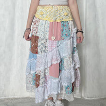 Load image into Gallery viewer, Pastel Yellow White Crochet Band Lace Asymmetrical Patchwork Maxi Skirt
