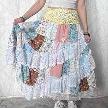 Load image into Gallery viewer, Pastel Yellow White Crochet Band Lace Asymmetrical Patchwork Maxi Skirt
