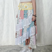 Load image into Gallery viewer, Pastel Yellow White Crochet Band Lace Asymmetrical Patchwork Maxi Skirt
