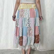 Load image into Gallery viewer, Pastel Yellow White Crochet Band Lace Asymmetrical Patchwork Maxi Skirt
