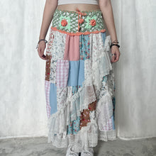 Load image into Gallery viewer, Pastel Green Orange Crochet Band Lace Asymmetrical Patchwork Maxi Skirt
