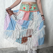 Load image into Gallery viewer, Pastel Green Orange Crochet Band Lace Asymmetrical Patchwork Maxi Skirt
