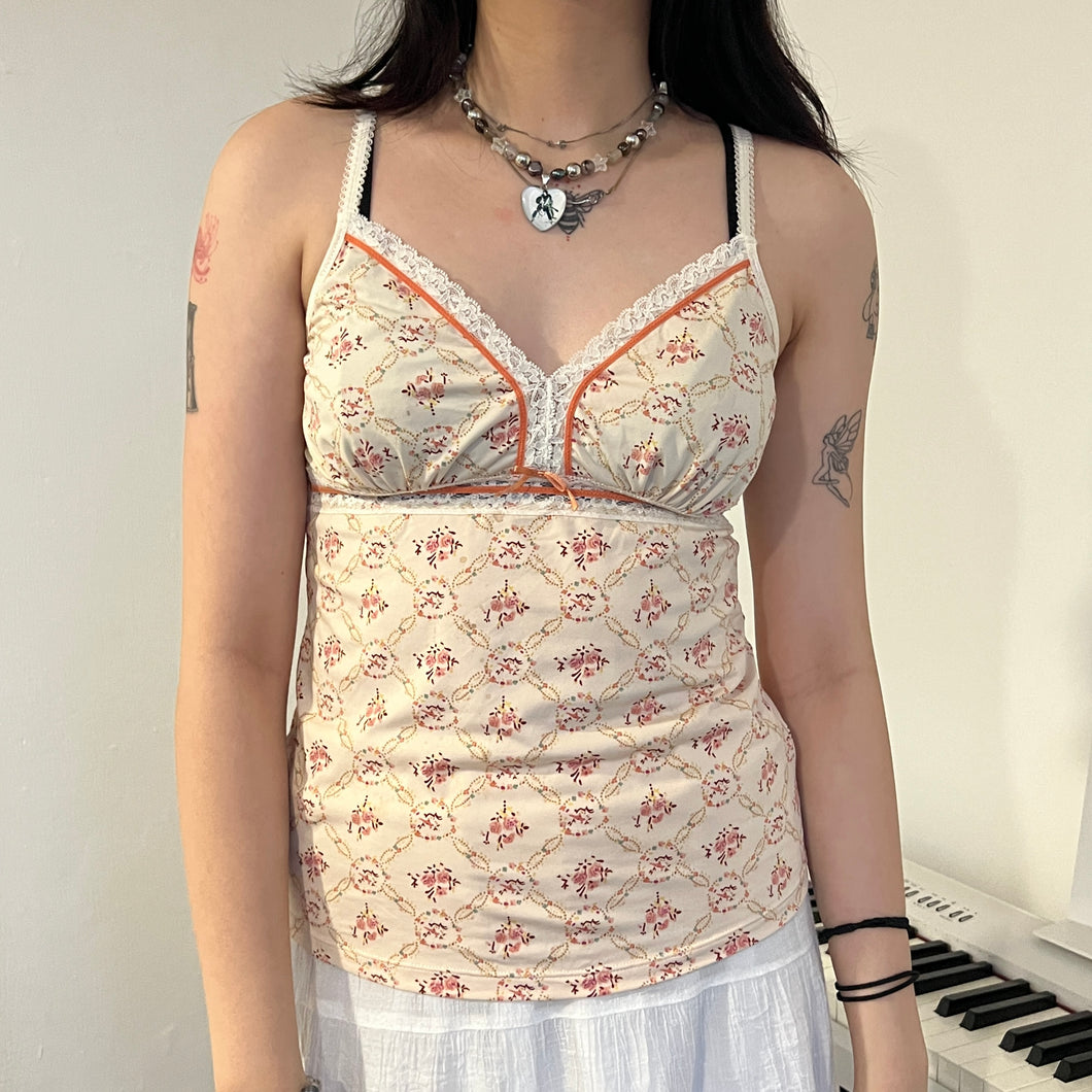 Pink Cream Floral Coral Lace Camisole Top