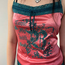 Load image into Gallery viewer, Juicy Pink Green Rhinestone Lace Camisole Top
