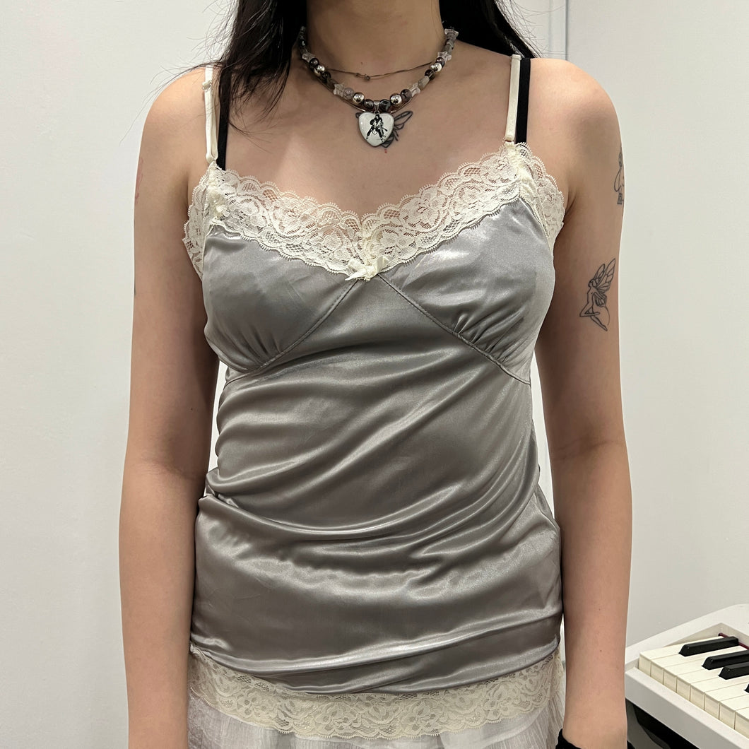 Grey Silky White Lace Camisole Top