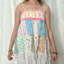 Load image into Gallery viewer, Pink White Crochet Blue Green Patchwork Cami Top
