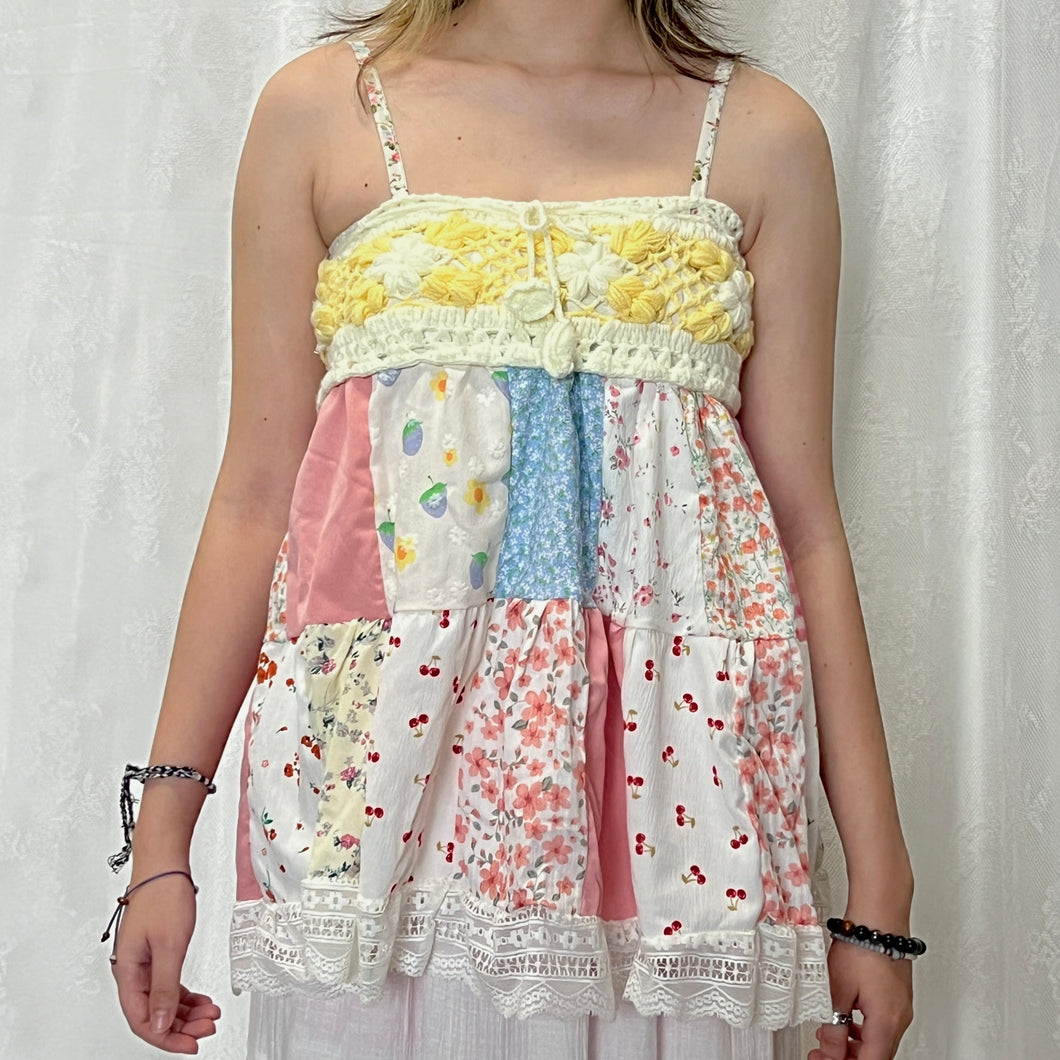 White Yellow Crochet Pink Flowers Patchwork Cami Top