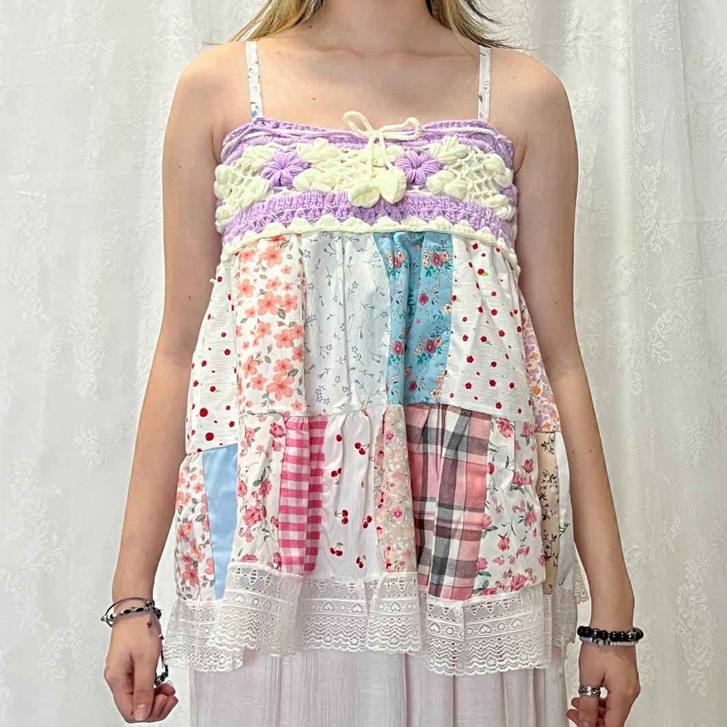 Purple White Crochet Plaid Gingham Flowers Patchwork Cami Top