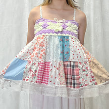 Load image into Gallery viewer, Purple White Crochet Plaid Gingham Flowers Patchwork Cami Top
