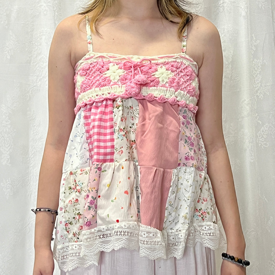 Pink Crochet Solid Pink Gingham Patchwork Cami Top