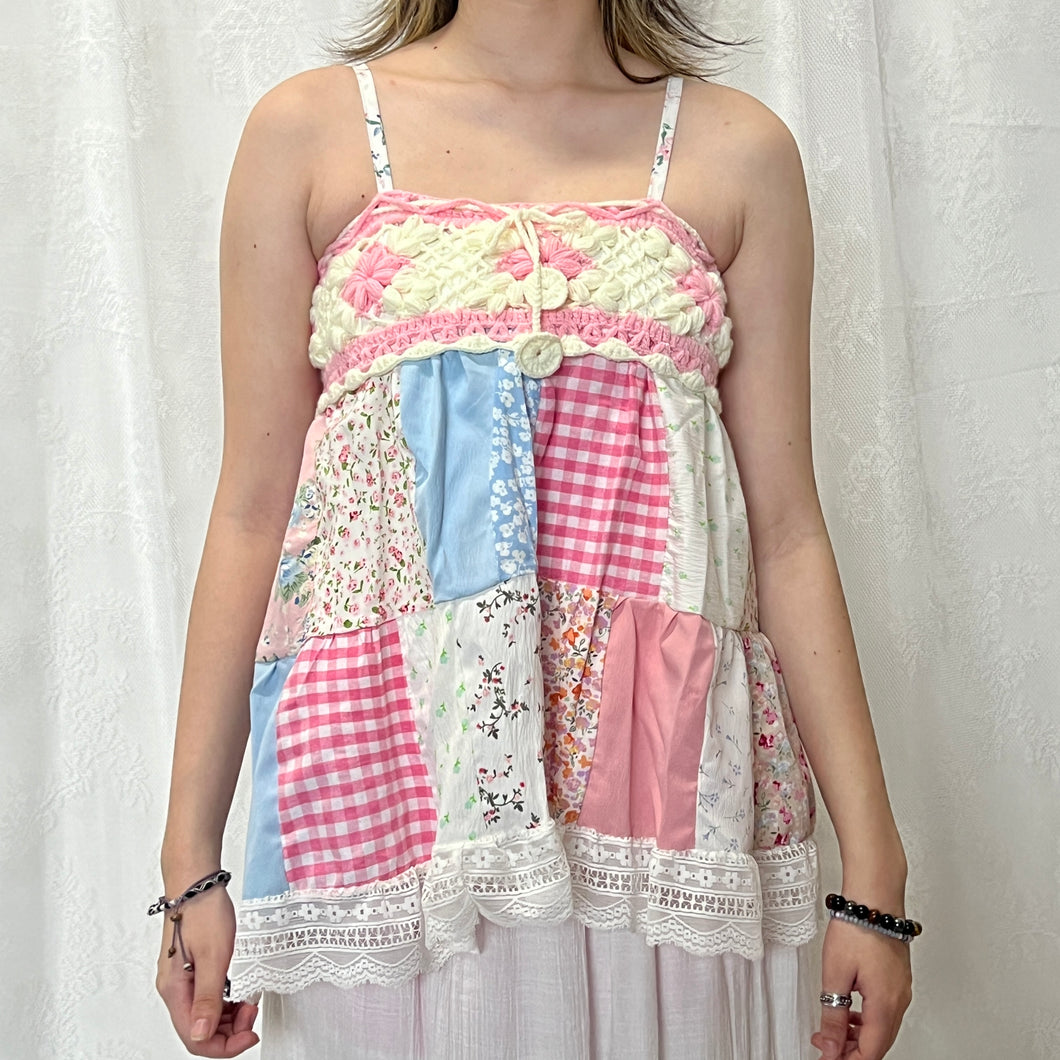 Pink Flower Crochet Gingham Blue Solid Patchwork Cami Top