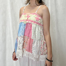 Load image into Gallery viewer, Pink Flower Crochet Gingham Blue Solid Patchwork Cami Top
