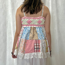 Load image into Gallery viewer, Pink Flower Crochet Gingham Blue Solid Patchwork Cami Top
