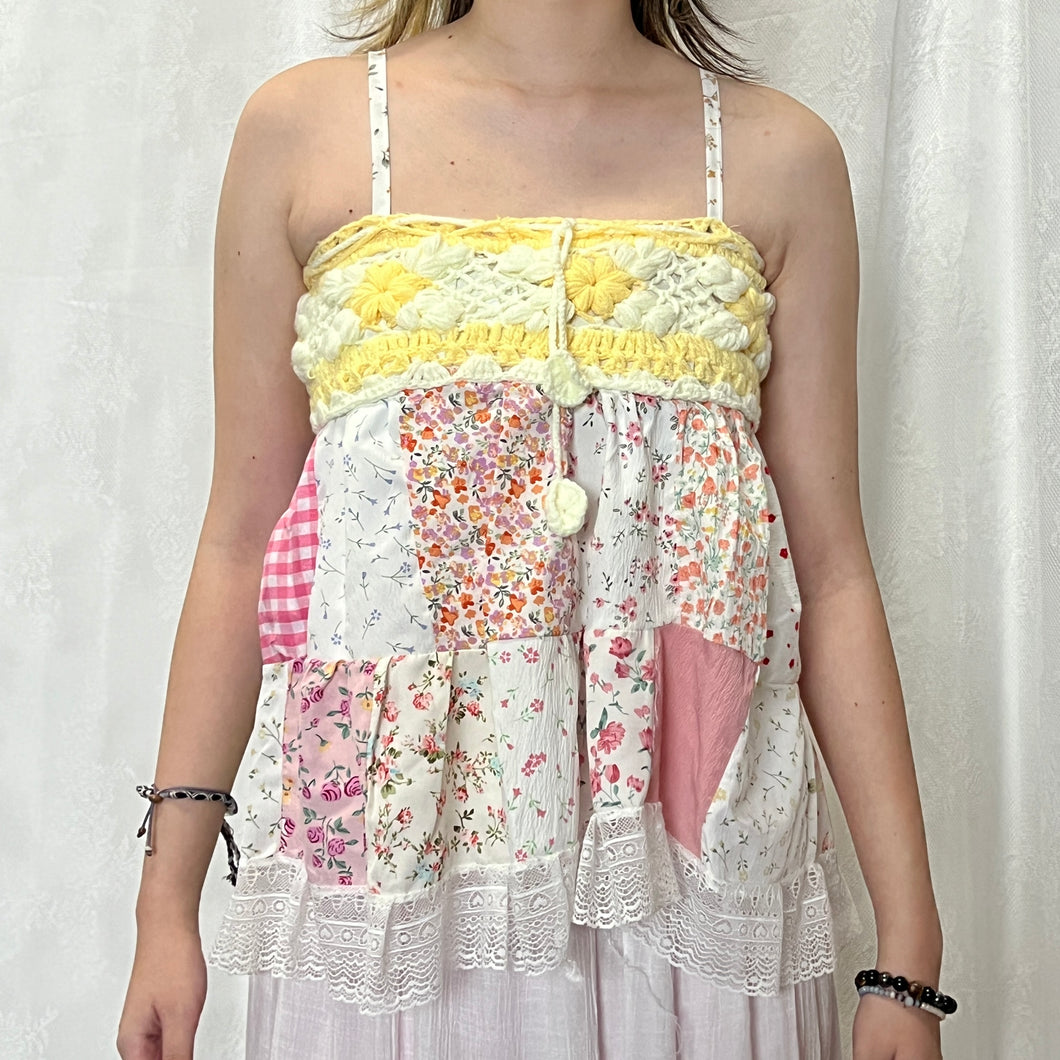 Yellow White Crochet Pink Flowers Patchwork Cami Top