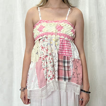 Load image into Gallery viewer, Pink White Crochet Plaid Gingham Flowers High-low Patchwork Cami Top
