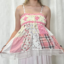 Load image into Gallery viewer, Pink White Crochet Plaid Gingham Flowers High-low Patchwork Cami Top
