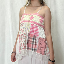 Load image into Gallery viewer, Pink White Crochet Plaid Gingham Flowers High-low Patchwork Cami Top
