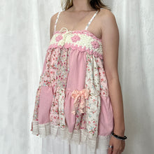 Load image into Gallery viewer, Pink Crochet Bow Solid Pink Mini Flowers Patchwork Cami Top
