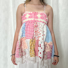 Load image into Gallery viewer, Pink Crochet Bow PInk Gingham Blue Patchwork Cami Top
