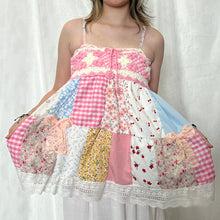 Load image into Gallery viewer, Pink Crochet Bow PInk Gingham Blue Patchwork Cami Top
