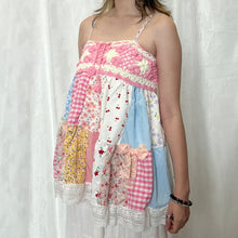 Load image into Gallery viewer, Pink Crochet Bow PInk Gingham Blue Patchwork Cami Top
