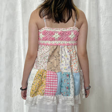 Load image into Gallery viewer, Pink Crochet Bow PInk Gingham Blue Patchwork Cami Top
