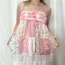 Load image into Gallery viewer, Pink Crochet Bow Blue Straps Patchwork Cami Top
