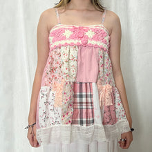 Load image into Gallery viewer, Pink Crochet Bow Plaid Light Flowers Patchwork Cami Top
