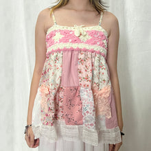 Load image into Gallery viewer, Pink Crochet Bow Pink Mixed Flowers Patchwork Cami Top
