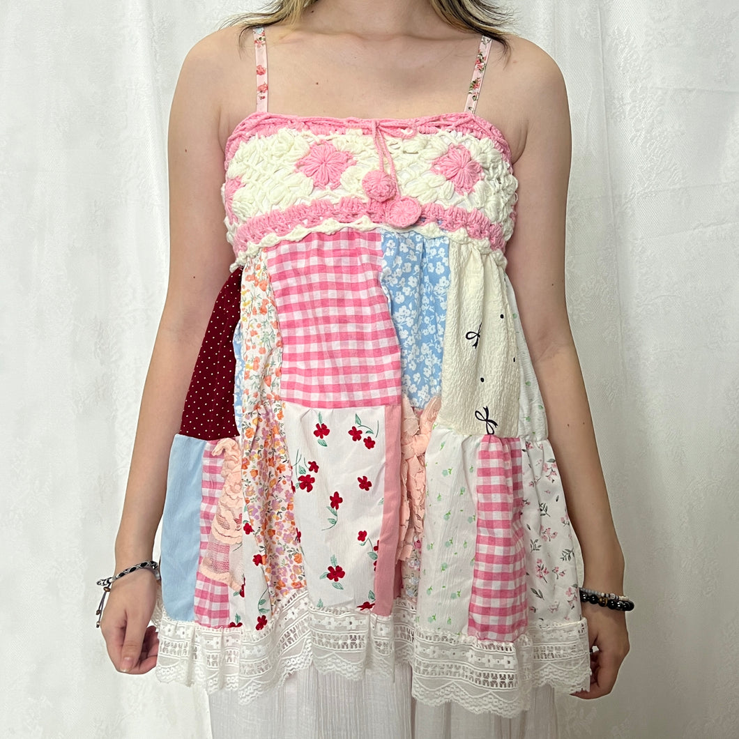 Pink Crochet Bow Gingham Red Patchwork Cami Top