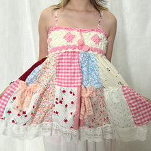 Load image into Gallery viewer, Pink Crochet Bow Gingham Red Patchwork Cami Top
