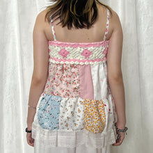 Load image into Gallery viewer, Pink Crochet Bow Mixed Blue Pink Flowers Patchwork Cami Top
