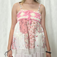 Load image into Gallery viewer, Pink Crochet Bow Pink Flowers Patchwork Cami Top
