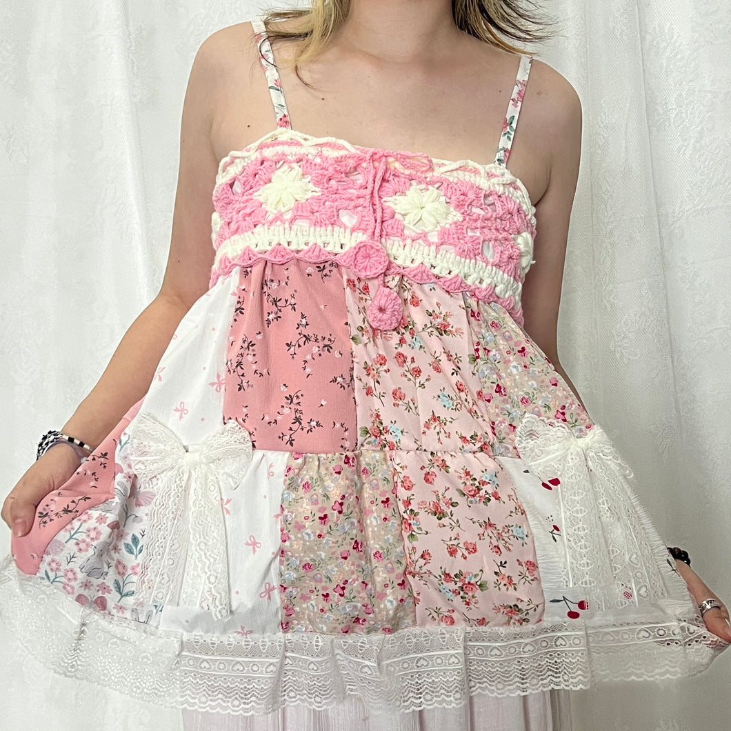 Pink Crochet Bow Pink Flowers Patchwork Cami Top