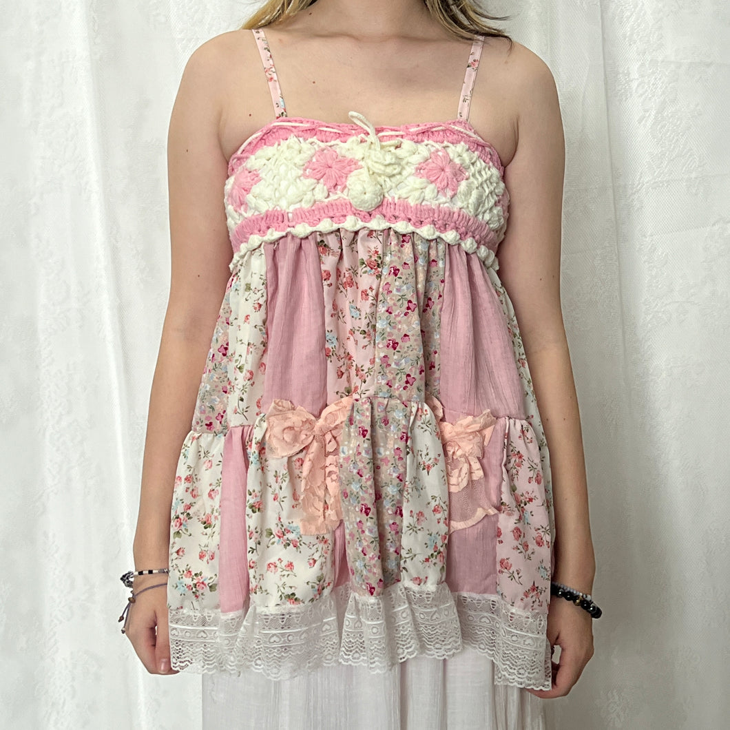 Pink Crochet Bow Flowy Pink Solid Patchwork Cami Top