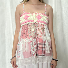 Load image into Gallery viewer, Pink Crochet Bow Pink Plaid Flowers Patchwork Cami Top
