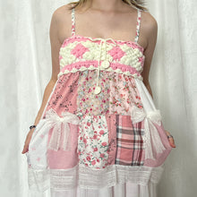 Load image into Gallery viewer, Pink Crochet Bow Pink Plaid Flowers Patchwork Cami Top
