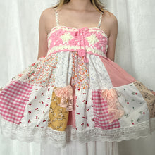 Load image into Gallery viewer, Pink Crochet Bow Gingham Cherry Flowy Patchwork Cami Top
