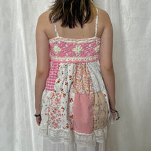 Load image into Gallery viewer, Pink Crochet Bow Gingham Cherry Flowy Patchwork Cami Top
